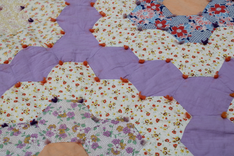 photo of 1930s vintage cotton patchwork quilt, grandma's flower garden hexies pretty prints on lavender  #12