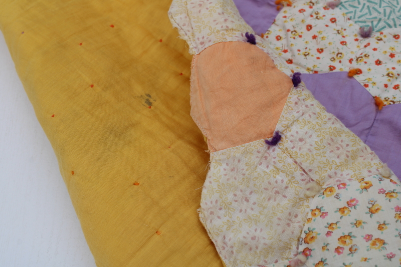photo of 1930s vintage cotton patchwork quilt, grandma's flower garden hexies pretty prints on lavender  #13