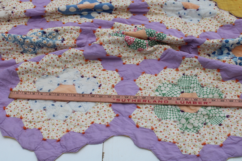 photo of 1930s vintage cotton patchwork quilt, grandma's flower garden hexies pretty prints on lavender  #14