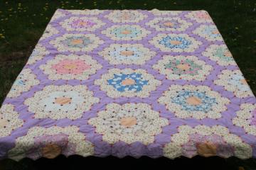 catalog photo of 1930s vintage cotton patchwork quilt, grandma's flower garden hexies pretty prints on lavender 
