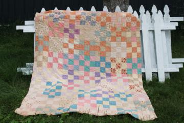 catalog photo of 1930s vintage cotton patchwork quilt, soft girly colors shabby cottage chic