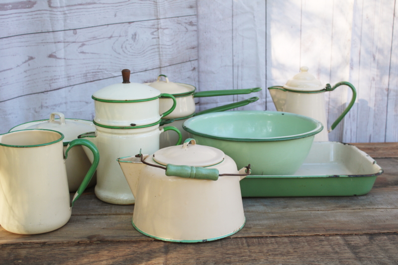 photo of 1930s vintage cream & green enamelware pots & pans collection, very worn old kitchenware for display  #1