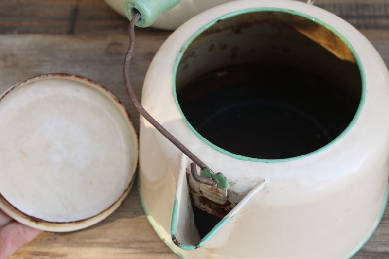 photo of 1930s vintage cream & green enamelware pots & pans collection, very worn old kitchenware for display #2