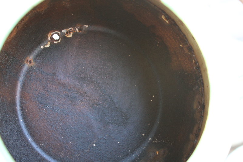 photo of 1930s vintage cream & green enamelware pots & pans collection, very worn old kitchenware for display #3