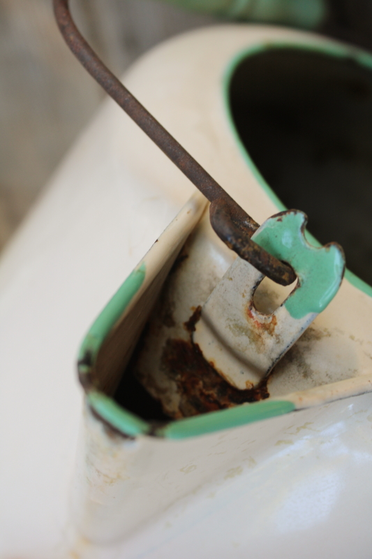 photo of 1930s vintage cream & green enamelware pots & pans collection, very worn old kitchenware for display #4