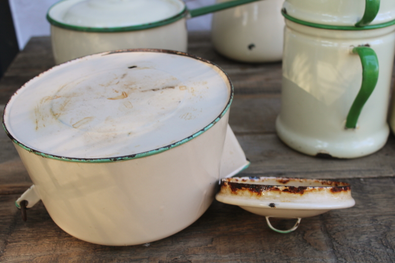 photo of 1930s vintage cream & green enamelware pots & pans collection, very worn old kitchenware for display #5