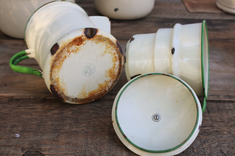 photo of 1930s vintage cream & green enamelware pots & pans collection, very worn old kitchenware for display #6