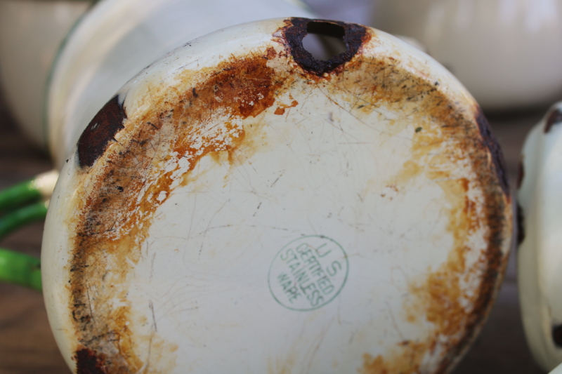 photo of 1930s vintage cream & green enamelware pots & pans collection, very worn old kitchenware for display #7