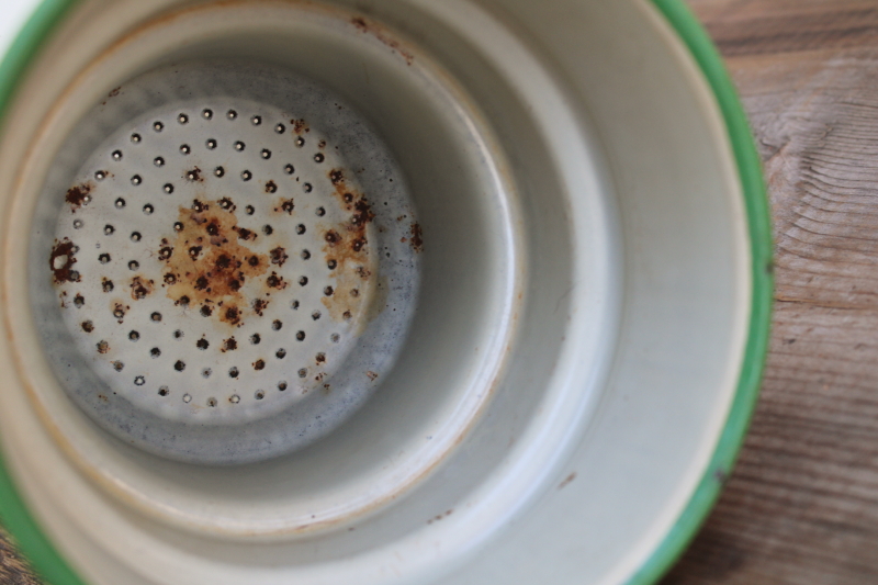 photo of 1930s vintage cream & green enamelware pots & pans collection, very worn old kitchenware for display #8