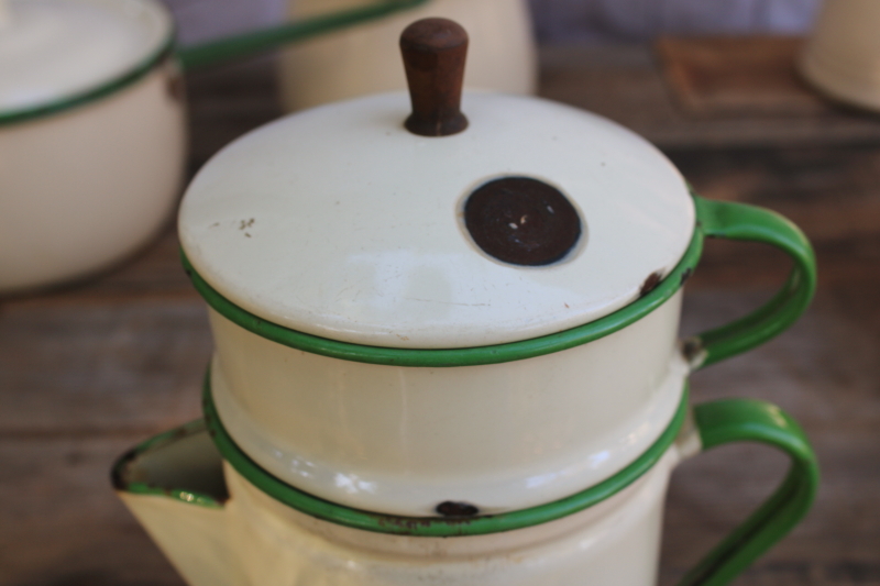 photo of 1930s vintage cream & green enamelware pots & pans collection, very worn old kitchenware for display #9