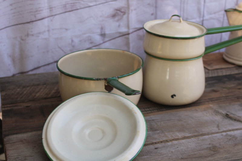 photo of 1930s vintage cream & green enamelware pots & pans collection, very worn old kitchenware for display #10