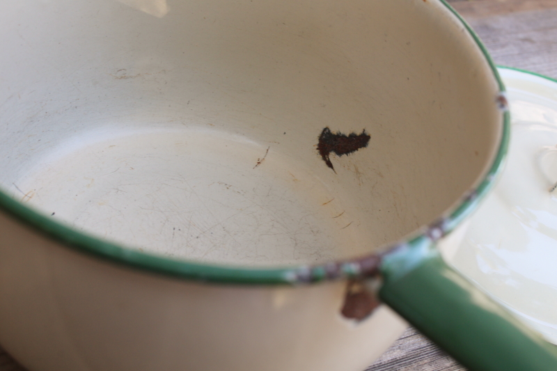 photo of 1930s vintage cream & green enamelware pots & pans collection, very worn old kitchenware for display #11