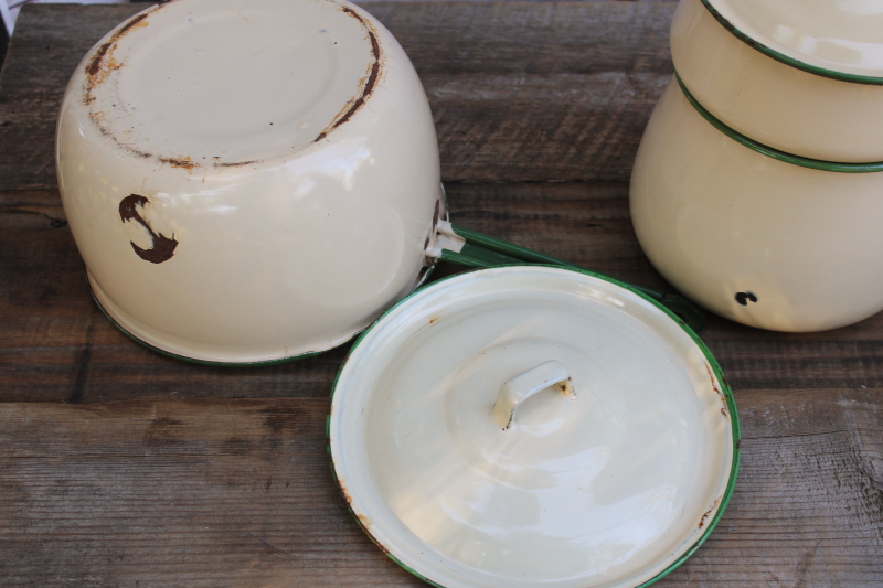 photo of 1930s vintage cream & green enamelware pots & pans collection, very worn old kitchenware for display #13