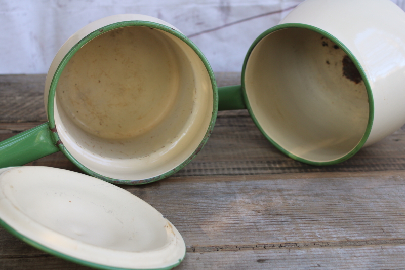 photo of 1930s vintage cream & green enamelware pots & pans collection, very worn old kitchenware for display #14