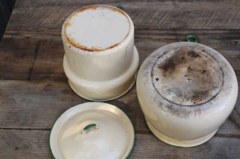 photo of 1930s vintage cream & green enamelware pots & pans collection, very worn old kitchenware for display #15