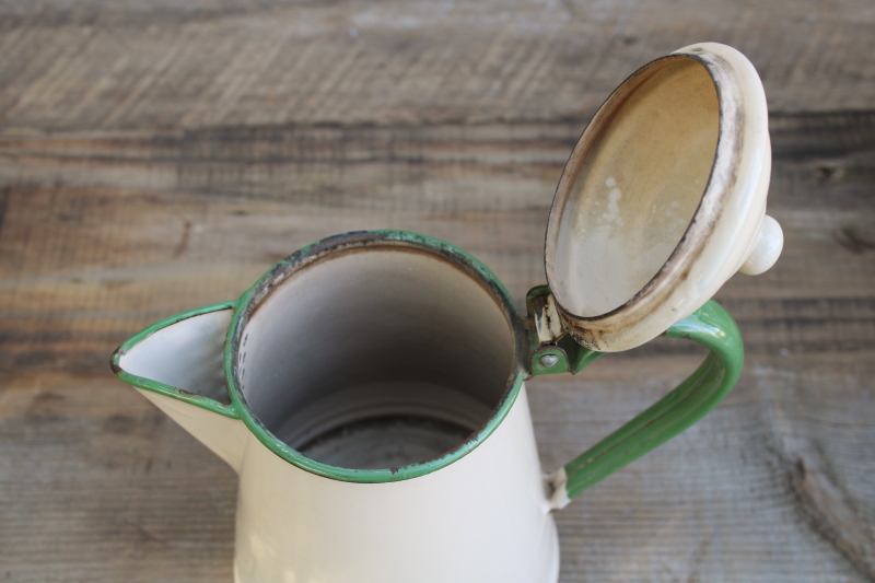 photo of 1930s vintage cream & green enamelware pots & pans collection, very worn old kitchenware for display #16