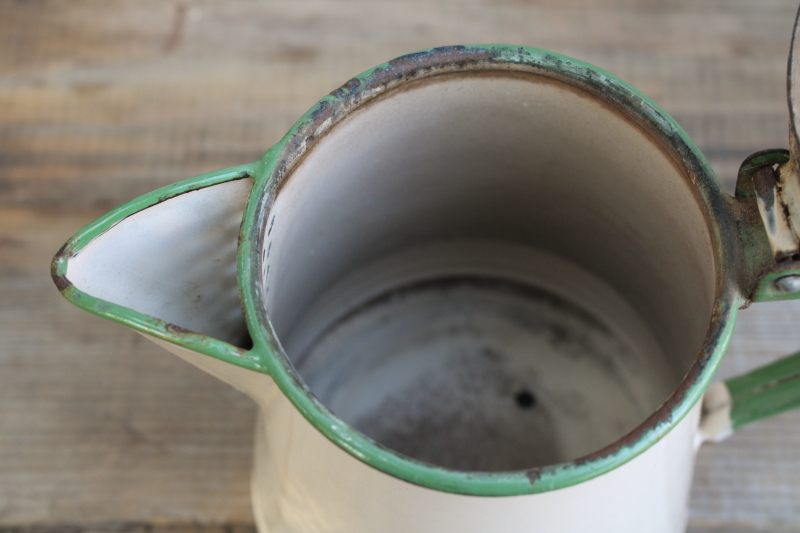 photo of 1930s vintage cream & green enamelware pots & pans collection, very worn old kitchenware for display #17