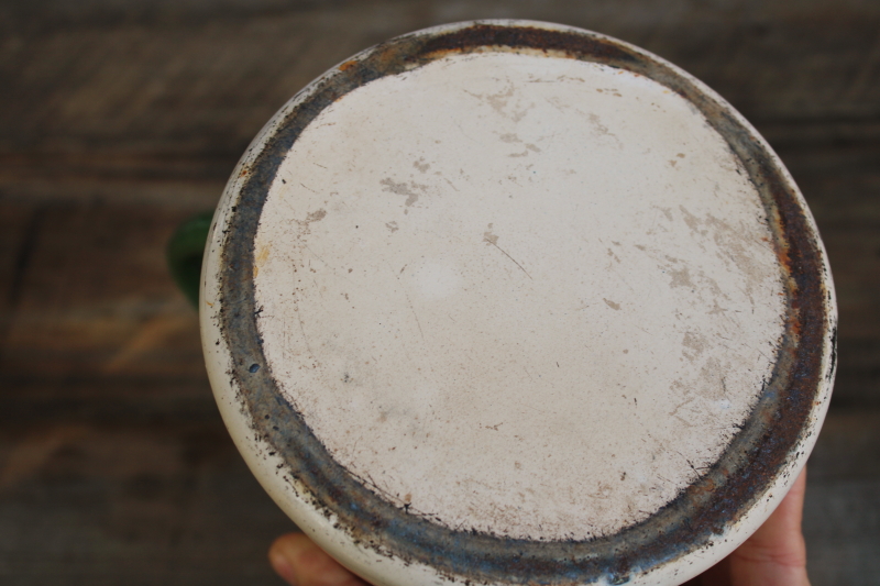 photo of 1930s vintage cream & green enamelware pots & pans collection, very worn old kitchenware for display #18