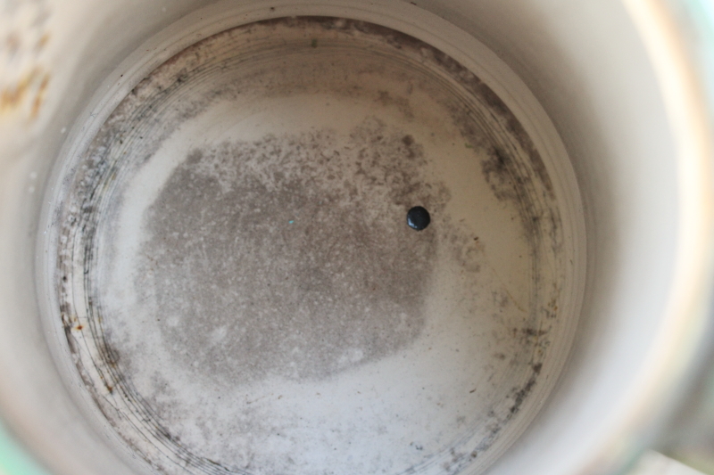 photo of 1930s vintage cream & green enamelware pots & pans collection, very worn old kitchenware for display #19