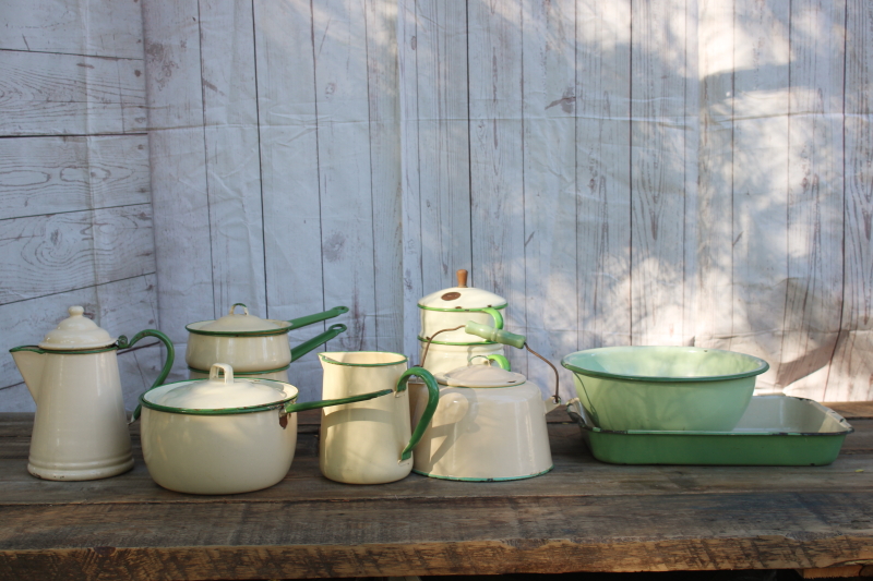 photo of 1930s vintage cream & green enamelware pots & pans collection, very worn old kitchenware for display #20