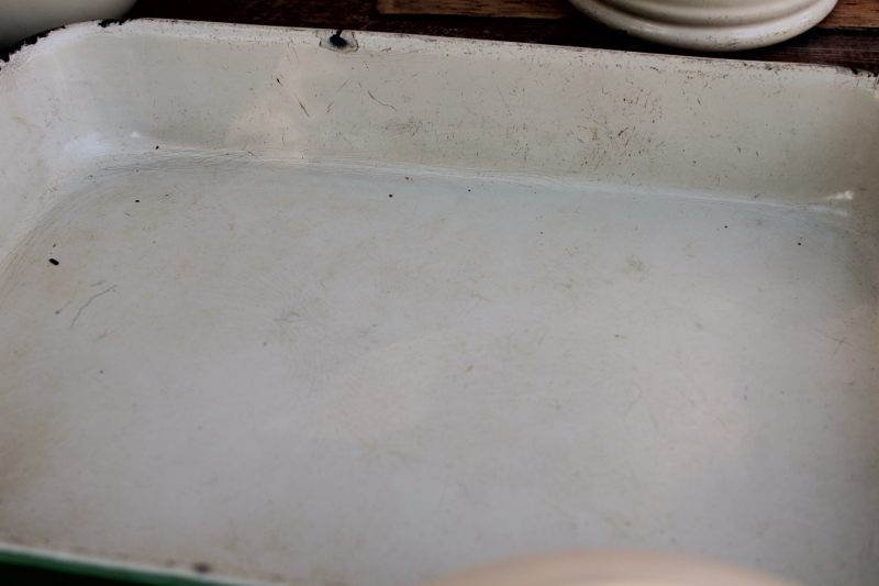 photo of 1930s vintage cream & green enamelware pots & pans collection, very worn old kitchenware for display #21