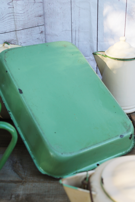 photo of 1930s vintage cream & green enamelware pots & pans collection, very worn old kitchenware for display #22