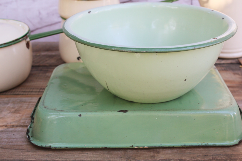 photo of 1930s vintage cream & green enamelware pots & pans collection, very worn old kitchenware for display #23