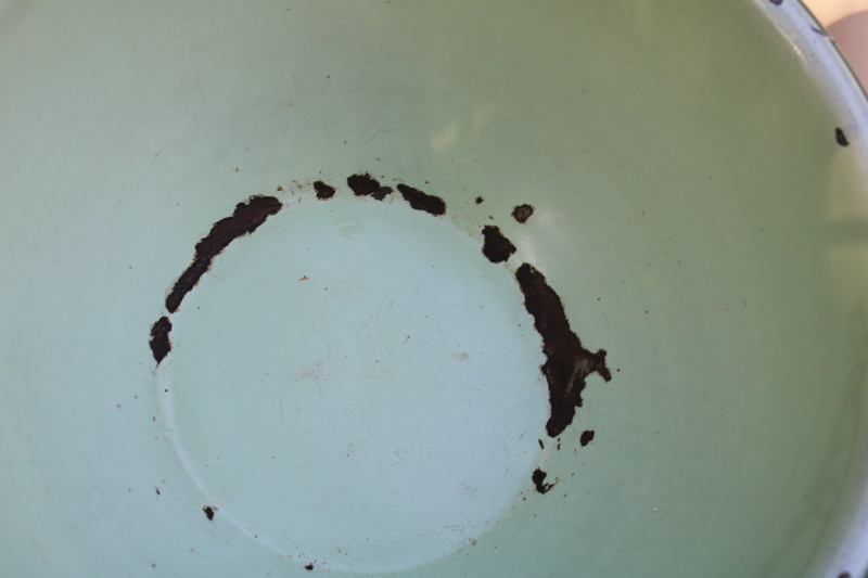 photo of 1930s vintage cream & green enamelware pots & pans collection, very worn old kitchenware for display #24