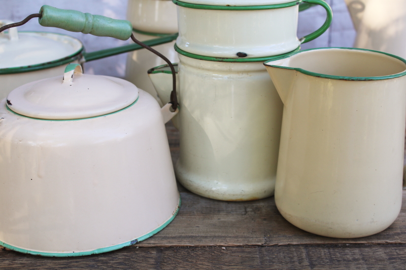 photo of 1930s vintage cream & green enamelware pots & pans collection, very worn old kitchenware for display #26