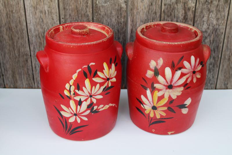 photo of 1930s vintage crocks, stoneware pottery cookie jar canisters w/ lids, red painted flowers #1