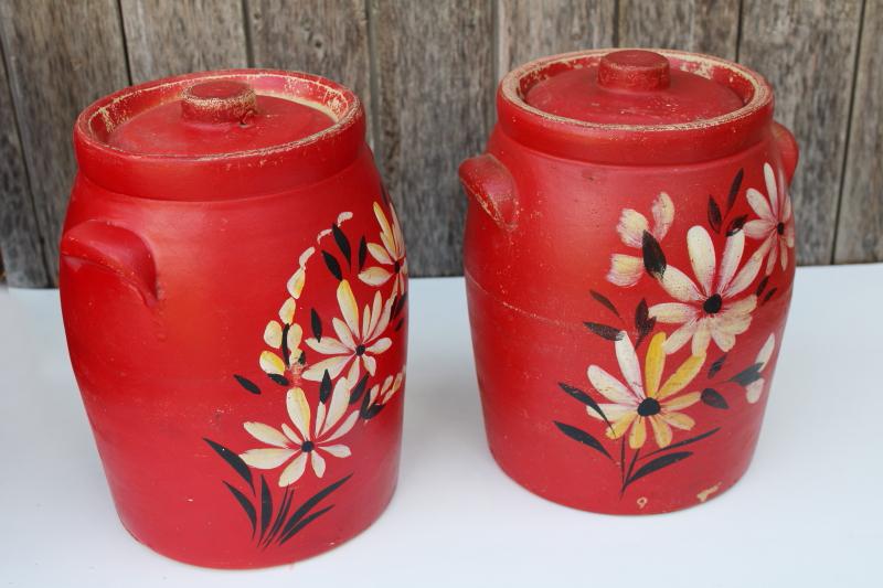 photo of 1930s vintage crocks, stoneware pottery cookie jar canisters w/ lids, red painted flowers #2