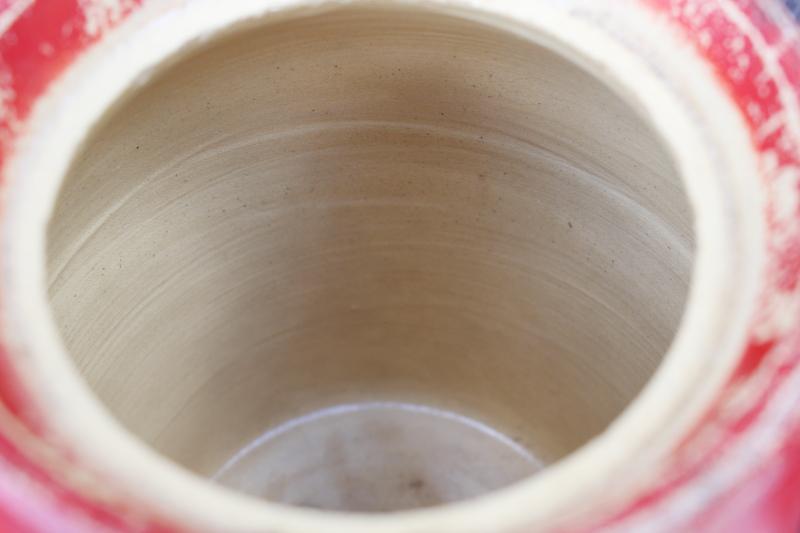 photo of 1930s vintage crocks, stoneware pottery cookie jar canisters w/ lids, red painted flowers #3