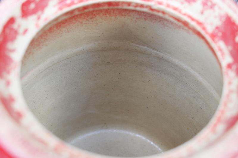 photo of 1930s vintage crocks, stoneware pottery cookie jar canisters w/ lids, red painted flowers #4