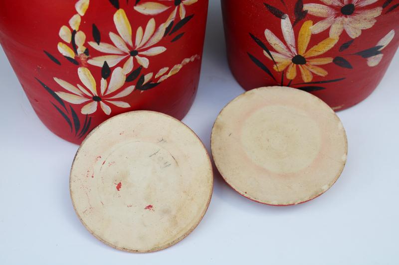 photo of 1930s vintage crocks, stoneware pottery cookie jar canisters w/ lids, red painted flowers #5