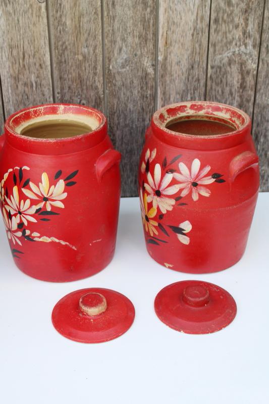 photo of 1930s vintage crocks, stoneware pottery cookie jar canisters w/ lids, red painted flowers #6