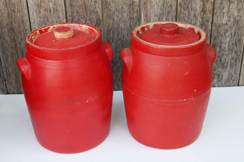 photo of 1930s vintage crocks, stoneware pottery cookie jar canisters w/ lids, red painted flowers #7