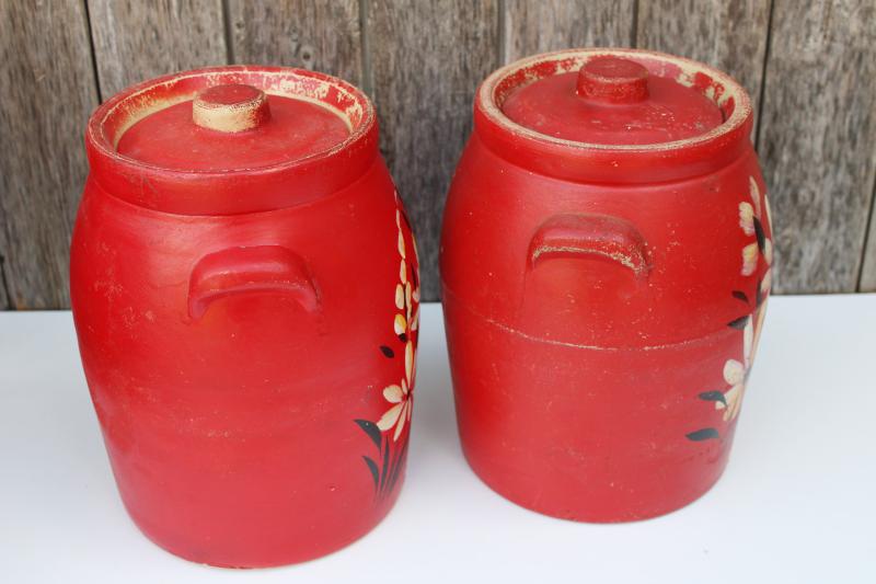 photo of 1930s vintage crocks, stoneware pottery cookie jar canisters w/ lids, red painted flowers #8