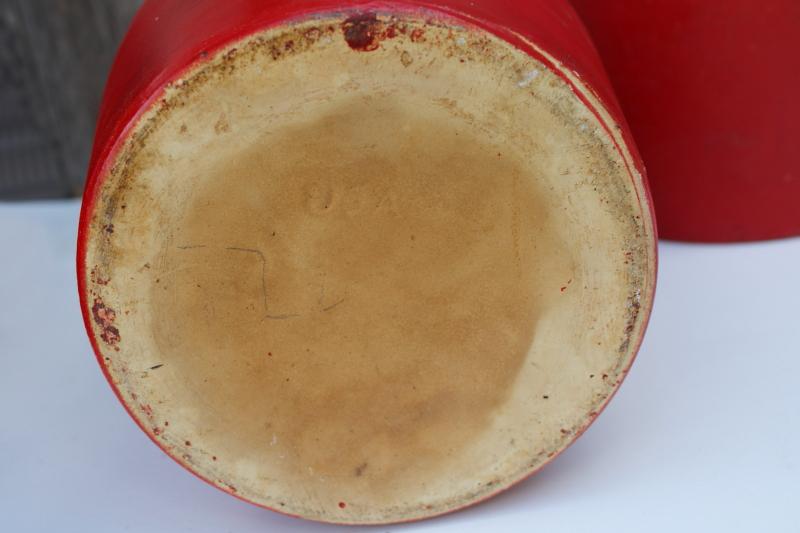 photo of 1930s vintage crocks, stoneware pottery cookie jar canisters w/ lids, red painted flowers #9