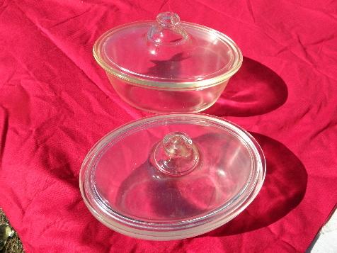 photo of 1930s vintage depression glass baking dishes, casserole pans w/ lids - early Pyrex #1