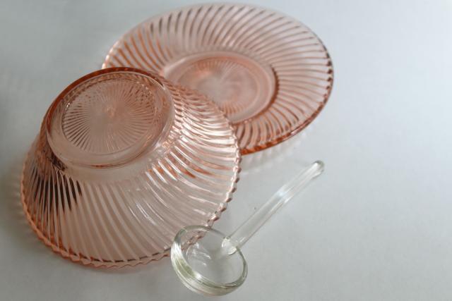 photo of 1930s vintage depression glass, blush pink sauce or mayonnaise bowl w/ glass ladle spoon #3