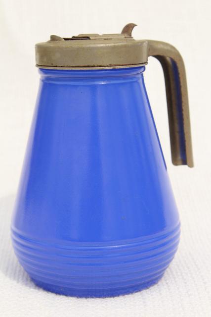 photo of 1930s vintage depression glass syrup pitcher, bright cobalt blue fired on color #1