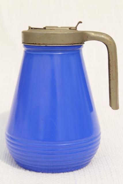 photo of 1930s vintage depression glass syrup pitcher, bright cobalt blue fired on color #2