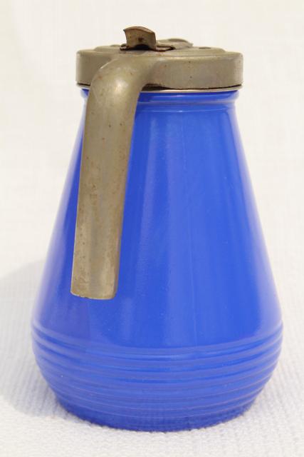 photo of 1930s vintage depression glass syrup pitcher, bright cobalt blue fired on color #3