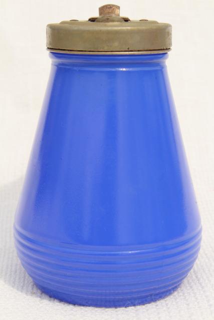 photo of 1930s vintage depression glass syrup pitcher, bright cobalt blue fired on color #4
