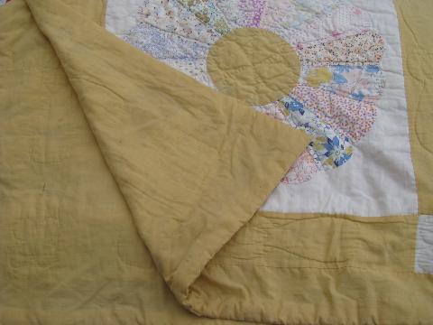 photo of 1930's vintage dresden plate pattern patchwork quilt, old cotton prints #6