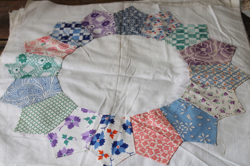 photo of 1930s vintage dresden plate quilt blocks, all depression era cotton print fabrics #14