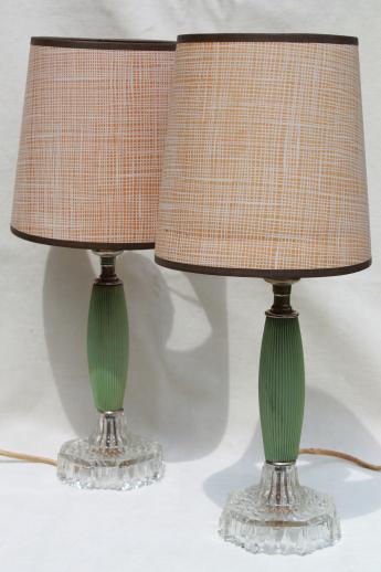 photo of 1930s vintage dresser lamps, jadite green celluloid & glass vanity table lamp set #1