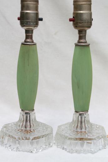 photo of 1930s vintage dresser lamps, jadite green celluloid & glass vanity table lamp set #4