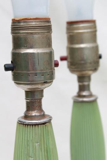 photo of 1930s vintage dresser lamps, jadite green celluloid & glass vanity table lamp set #6