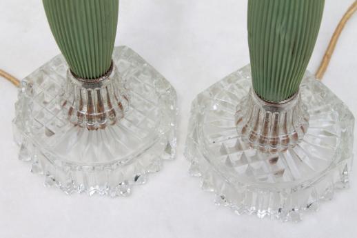 photo of 1930s vintage dresser lamps, jadite green celluloid & glass vanity table lamp set #7